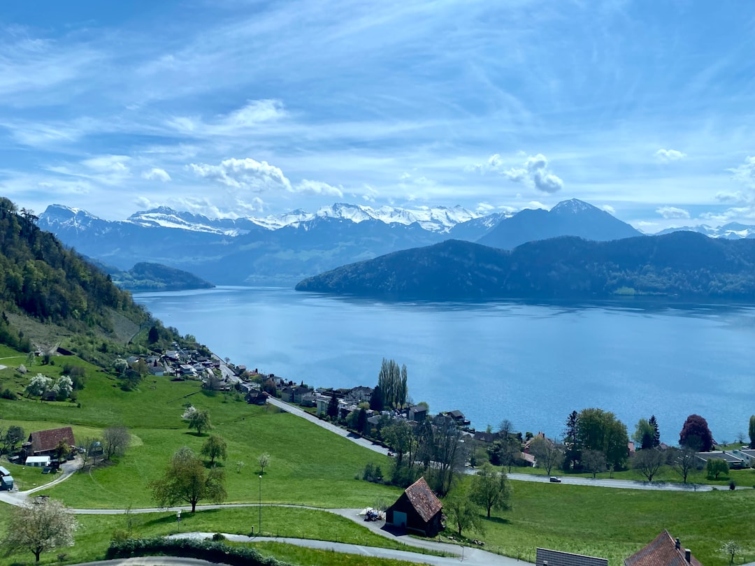 a scenic view of a lake surrounded by mountains