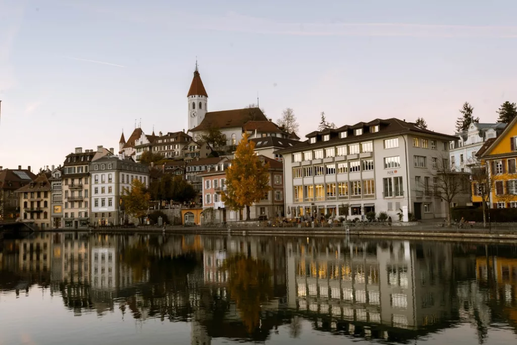 a body of water with buildings along it