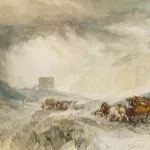 a painting of a horse drawn carriage in the snow
