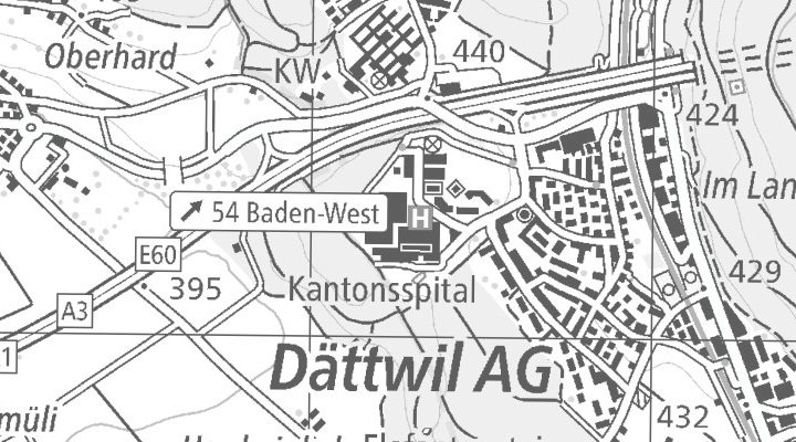 Kartenausschnitt: 5404 Kantonsspital Baden oder Ärztezentrum Limmatfeld